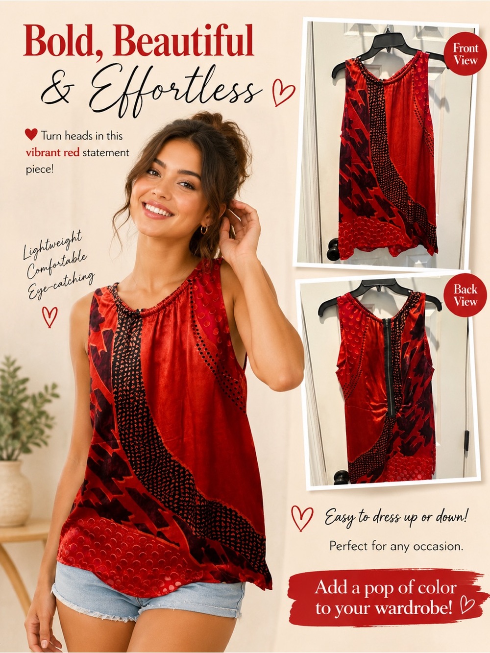 Red Patterned Sleeveless Women's Dress